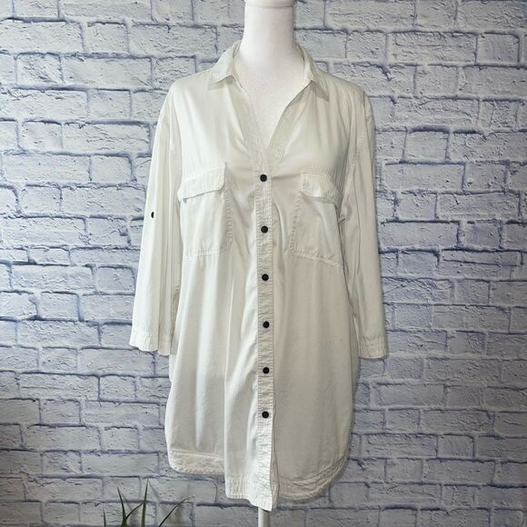 Lafayette 148 white button down shirt pockets 3/4 sleeve roll tab - Picture 1 of 13